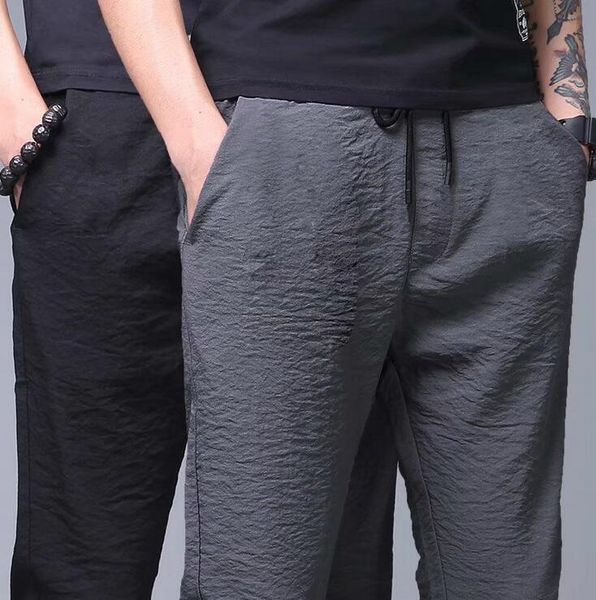 

new men's drawstring casual soloid color pants slim fashion trousers, Black