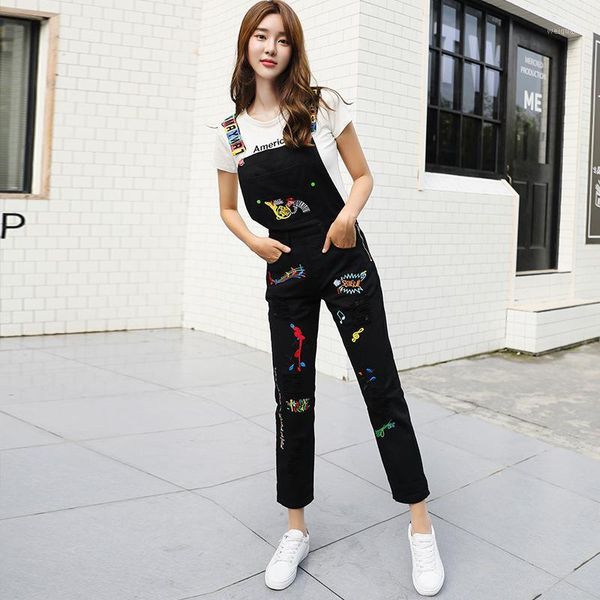 

spring autumn black denim jumpsuit women white denim overalls ladies hole embroidery letter rompers playsuit summer 20191, Black;white