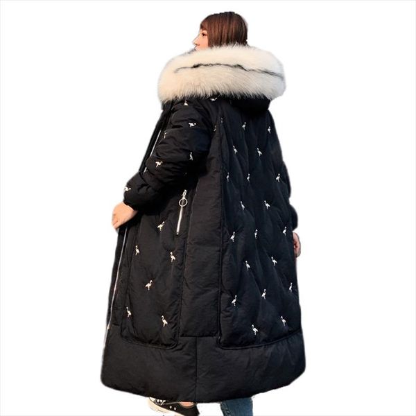 

2019 long winter womens down coat thicken female down jacket hooded with fur collar coat oversize long ladies, Black