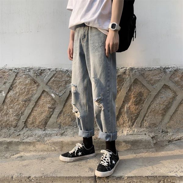 

men's jeans wholesale 2021 fashion light-color trendy brand loose ripped nine-point pants all-match summer straight harem, Blue