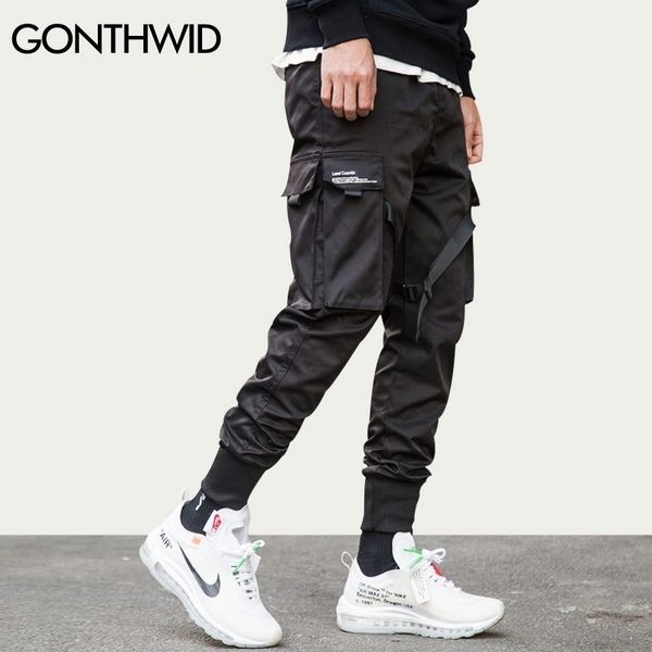 

gonthwid ribbon buckle multi-pockets harem joggers pants streetwear men hip hop casual cargo sweatpants trousers pants male 201116, Black