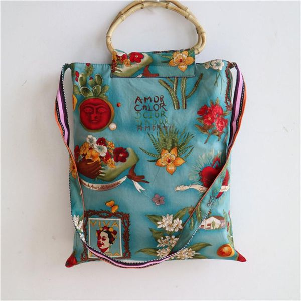 

sunny beach women bag tote cotton printcanvas summer bamboo tote shopping bag shoulder female handbag double usage bolsas