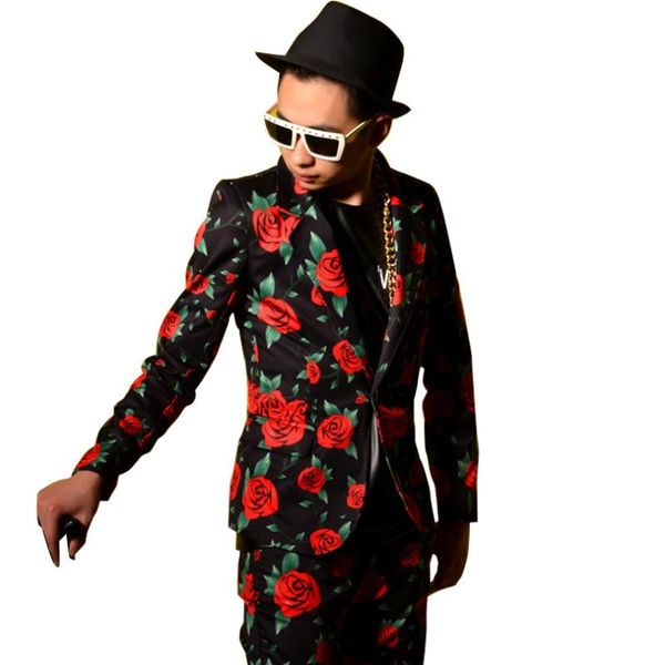 

rose pattern printing fashion casual male suit jacket custom men suit trouser blazers coat dj singer stage show costumes, White;black