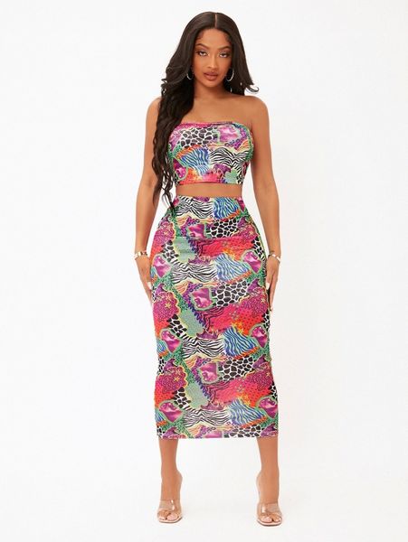 

sxy allover print tube crop & pencil skirt set r8kt#, White