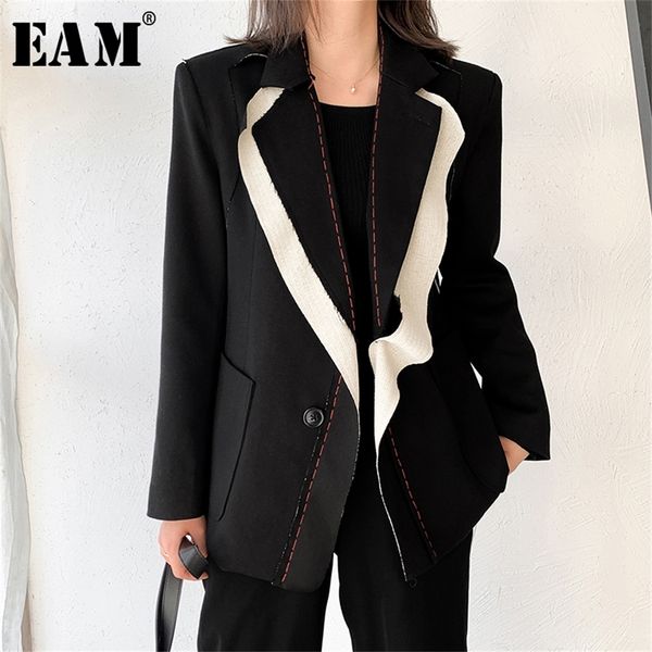 

[eam] women black contrast color burr blazer new lapel long sleeve loose fit jacket fashion tide spring autumn lj200815, White;black