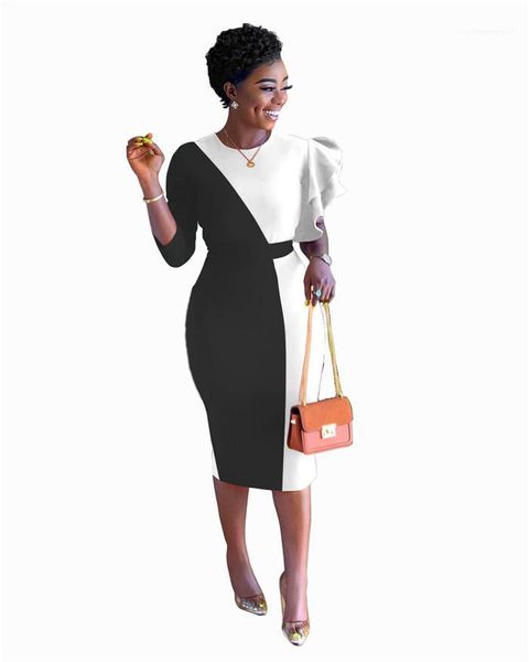 

dress woman contrast color o-neck patchwork bodycon dresses woman party clothes womens petal sleeve fashion, White;black