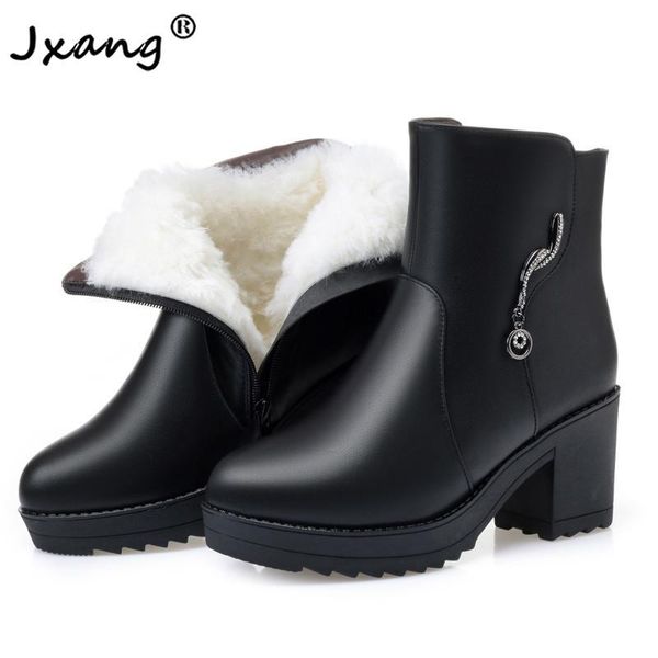 

jxang 2020 fashion genuine leather women boots 2020 winter thick wool lined wool plush women snow boots large size shoes, Black