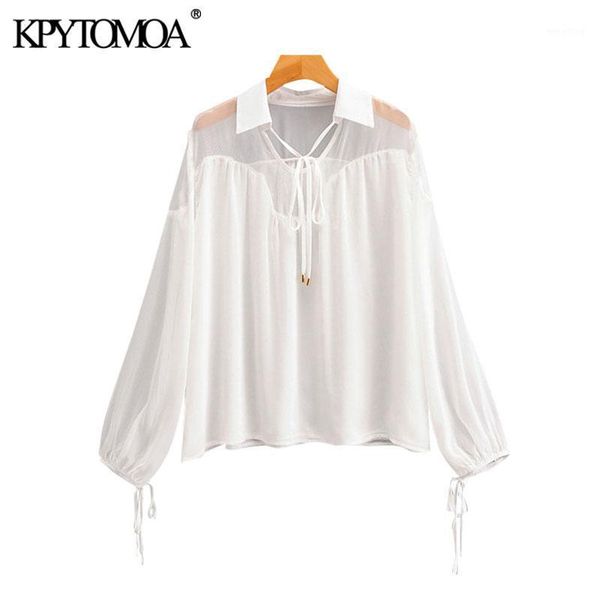 

kpytomoa women 2021 fashion see through patchwork loose blouses vintage tied v neck long sleeve female shirts blusas chic 1, White