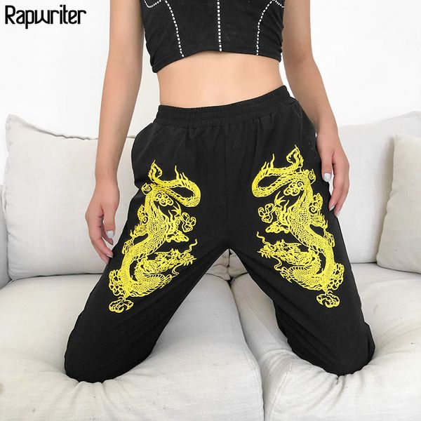 

rapwriter fashion dragon print sweatpants women 2020 summer stretch high waist pencil streetwear cargo jogger pencil pants black 1020, Black;white