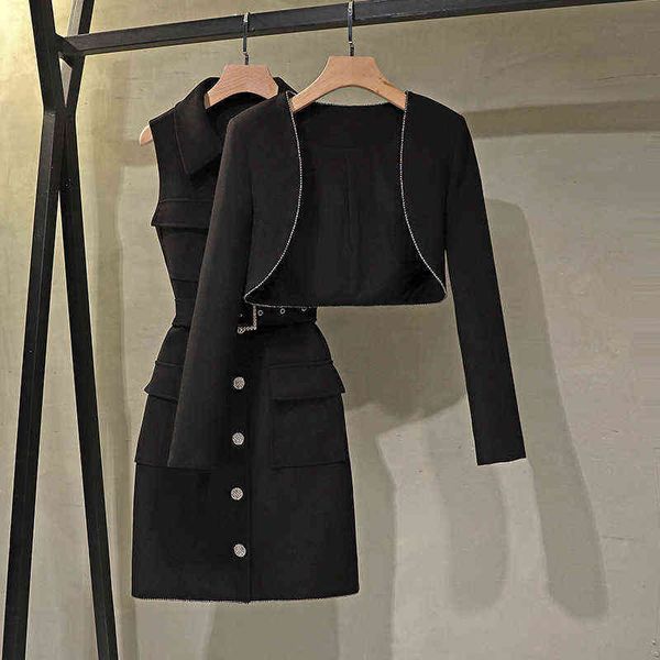 

two piece dress professional suit women's fashion slim fit short blazer jacket midi pencil black white office lady business wear 210825