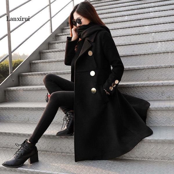 

new korean women's black woolen coat autumn winter long slim bouble breasted outwear female wool overcoat jacket1, Tan;black