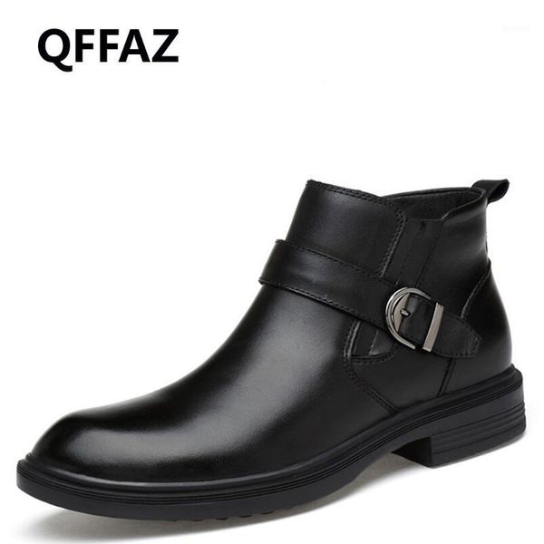 

boots qffaz men ankle genuine leather winter fur shoes snow 2021 buckle elastic band1, Black