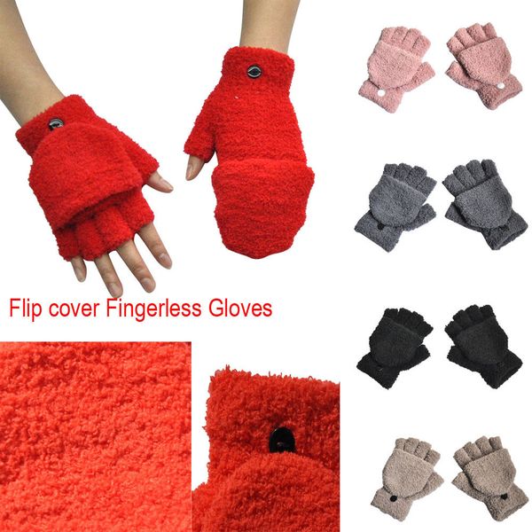 

winter women plus velvet thicken half-finger flip keep warm plush soft half finger gloves mittens black, Blue;gray