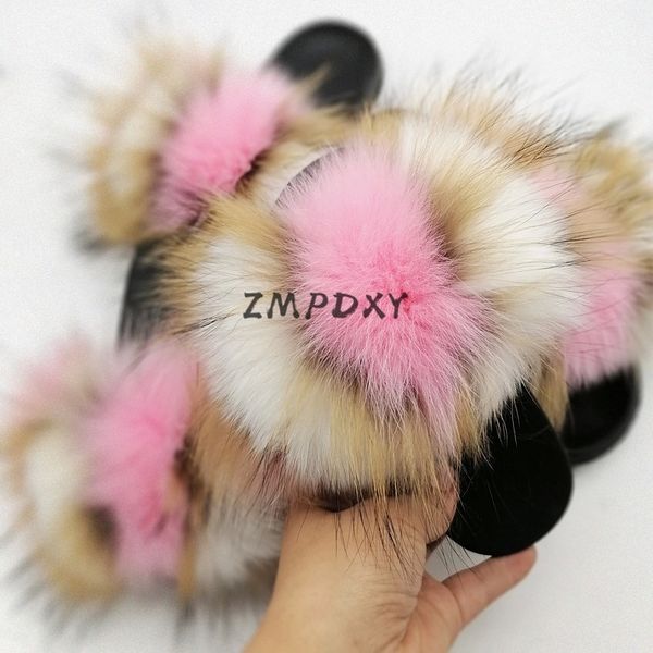 

children's/kids real fox fur slides women's fluffy raccoon fur slippers girls plush sandals baby home shoes furry flip flops #r26l, Black