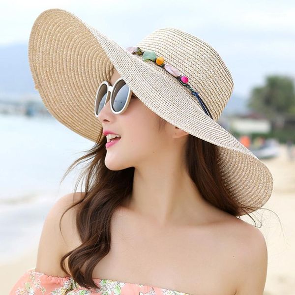 

women summer wide brimmed straw hat seaside outdoor adults uv visor floppy beach sun protection portable fashion fishing travel1, Blue;gray