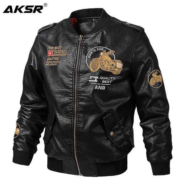 

aksr men fashion autumn bomber jackets leather jacket men plus size embroidery motorcycle jacket casual pu leather coat for men 201026, Black