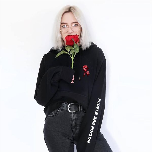 

women people are poison sleeve embroidery rose hoodie sweatshirt floral fall spring cotton blend buzos mujer con capuc, Black
