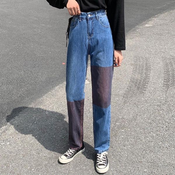

women's jeans s-l 2021 autumn korean style women vintage denim pants color patchwork high waist for long, Blue
