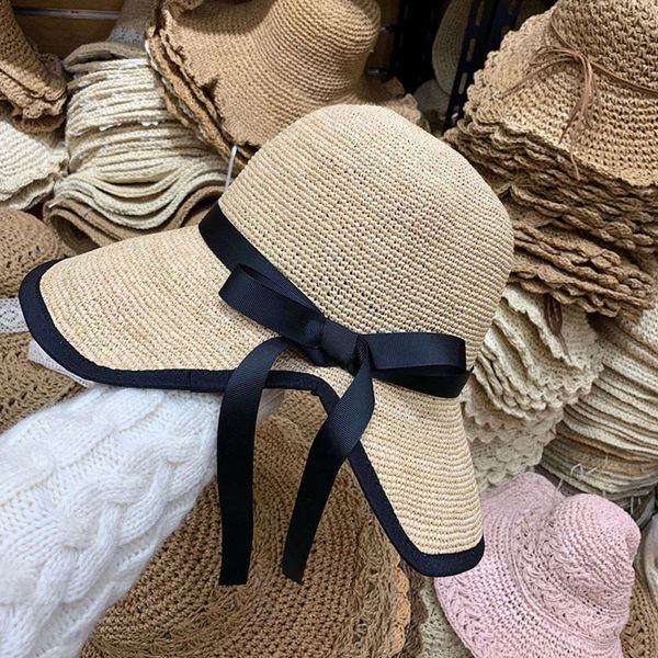 

large korean version versatile eaves bow lafite straw hat, Blue;gray