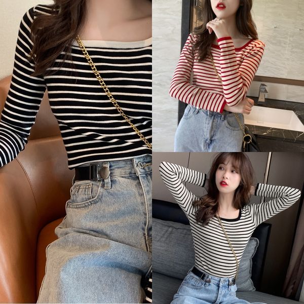 

epoqw new style korean bottoming tin autumn winter 2020 tshirt shirtu-neck and striped shirt short with slim long sleeves xg2gy, White;black