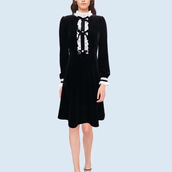 

2021 spring women black velvet dress long-sleeve women beading dress with bow sweet with lace, Black;gray