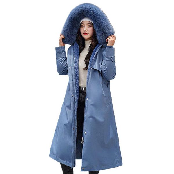 

women's down & parkas x-long cotton jacket women parka fashion big fur collar hooded winter thick wool liner warm outerwear plus size f, Black