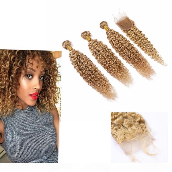 

indian blonde lace closure with bundles 4" * 4" #27 color blonde virgin bundles with closure kinky curly, Black;brown