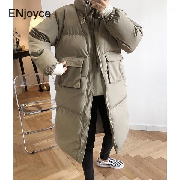 

winter korean fashion long down jacket women casual stand collar oversize chic cotton-padded parka thick warm overcoat outerwear1, Black