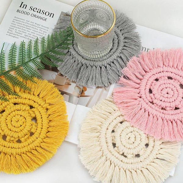 

mats & pads nordic style handmade cotton braid insulation cup macrame pad bohemia non-slip table mat kitchen decoration1