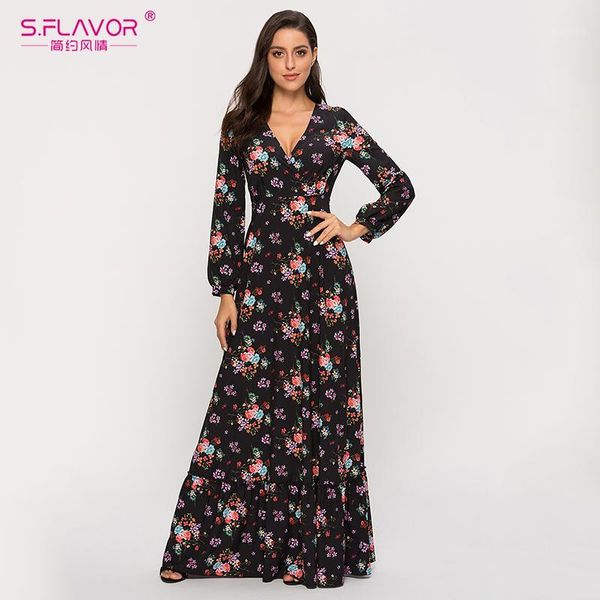 

s.flavor 2020 summer women bohemian long dress deeply v-neck printing maxi vestidos de women summer boho beach dresses1, Black;gray