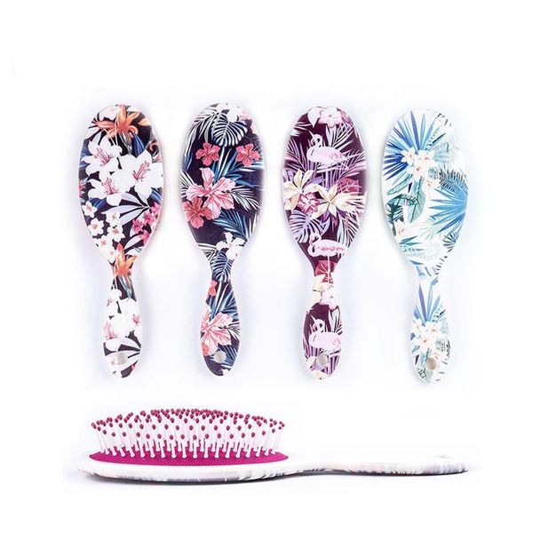 

hair brushes 4 color flower printed anti-static brush massage comb shower wet detangle salon styling tools, Silver