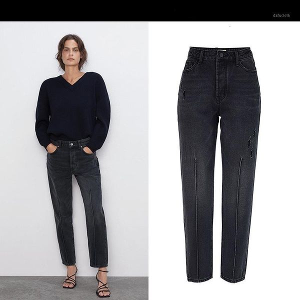 

high waist fashion comfortable loose straight denim jeans women 2020 spring autumn washed hole balck denim trousers female k3451, Blue