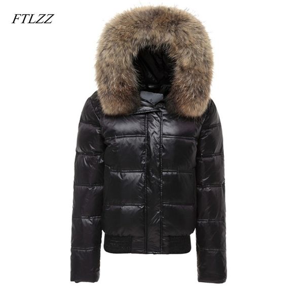 

ftlzz real raccoon fur winter jacket women long sleeve slim white duck down parkas female hooded pockets coat outwear 201023, Black