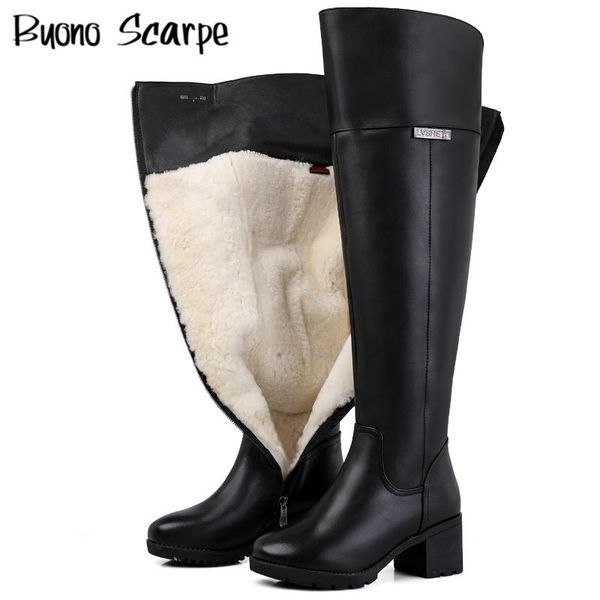 

boots warm winter genuine cow leather over the knee riding metal decoration platform wool women's shoes chunky heel thigh, Black
