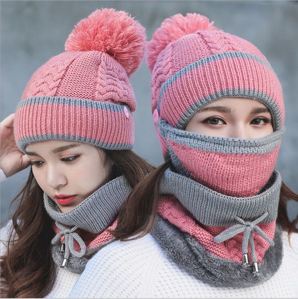 

winter spring warm mask scarf hat set fur inside 3pcs suit ear protection biker bucket beanie skull ponytail detachable pompom hat wholesale