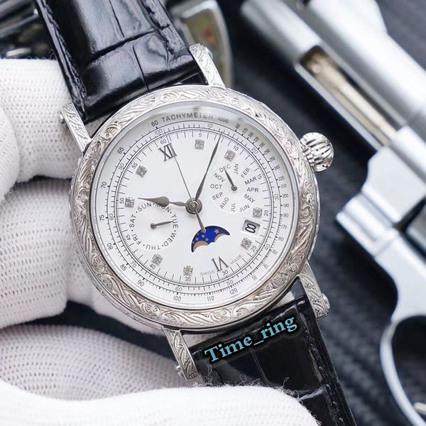 

version 5271p-001 white date dial silver carved case 9100 automatic mechanical movement sapphire mens watch leather strap luxry watches, Slivery;brown