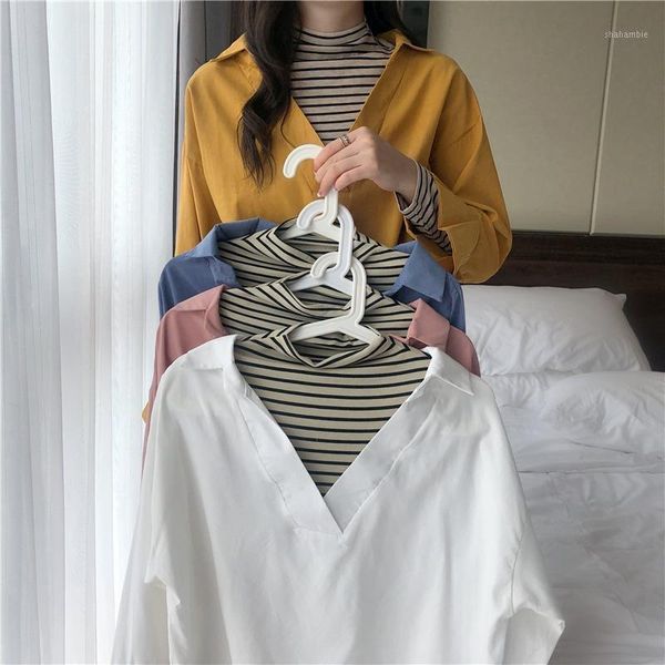 

fake two pieces blouses female patchwork stripe long sleeve turtleneck shirts korean loose casual autumn women's clothing new1, White