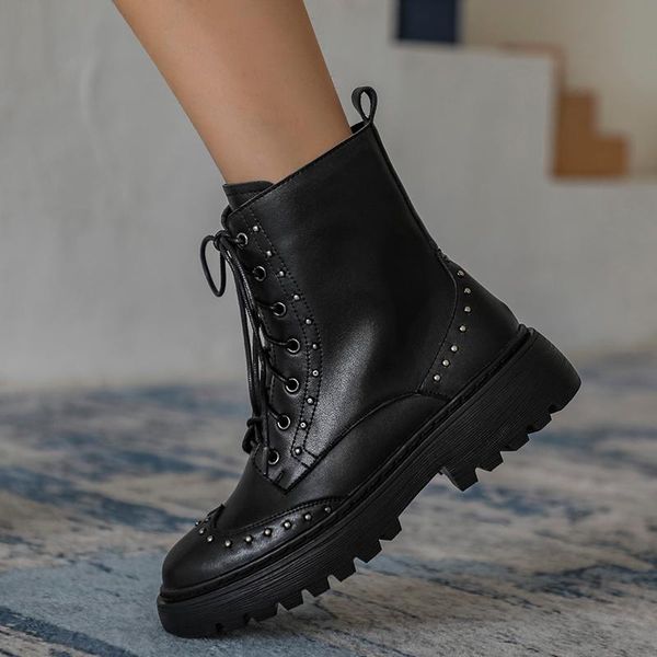 

genuine leather women's ankle motorcycle boots vintage retro rivets chunky med heels winter ladies boots shoes woman, Black
