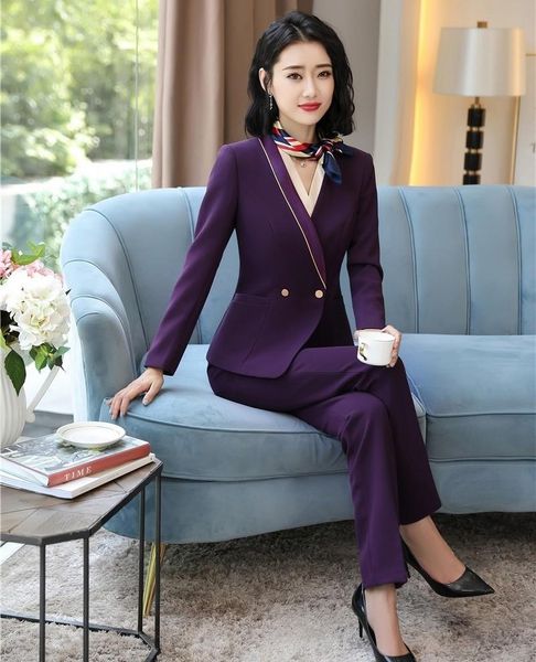 

novelty purple formal professional business suits with pants and jackets coat for women business work wear blazers pantsuits, White