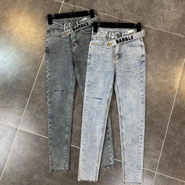 

2020 new embroidered letters tight legs feet holes washed high waist pants 03061, Blue