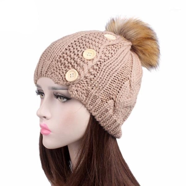 

winter habuckle sunwood ball wool knit women's knit beanie with wood buttons cable knitted cap1, Blue;gray