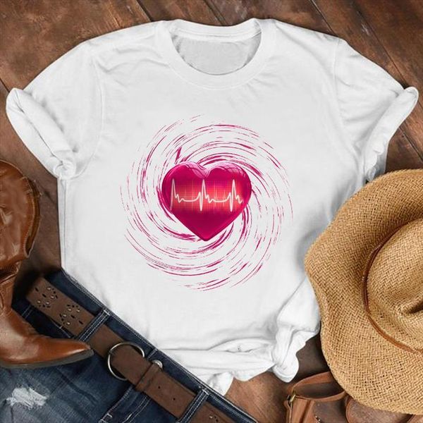 

love heart shape print t shirt women short sleeve o neck loose tshirt women tee shirt female clothes camisetas mujer, White