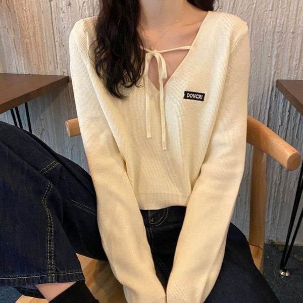

women fashion autumn sweater clothes v-neck tie female long-sleeved knitted sweater light breathable short, White;black