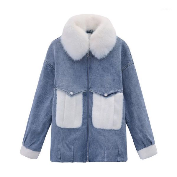 

autumn and winter new korean style stitching mink wool big fur collar denim cotton-padded jacket women's mid-length thick coat1, Black