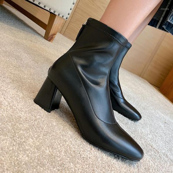 

genuine leather thick high heels women's ankle boots 2020 autumn winter pumps office lady party shoes woman1, Black
