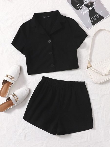 

single breasted solid blouse & shorts set e7yn#, White