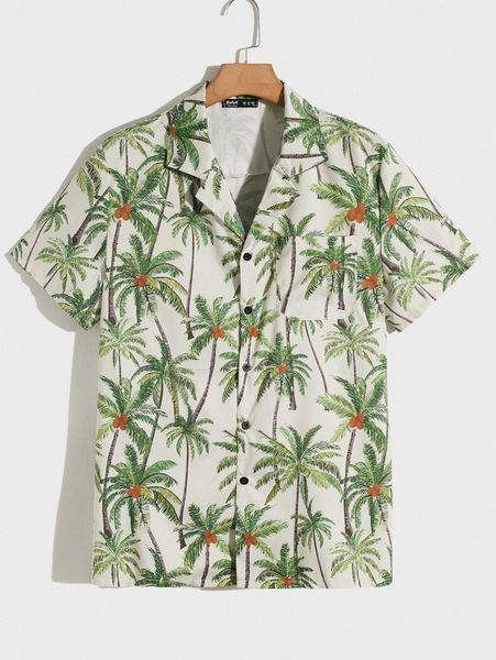 

romwe guys coconut tree print button front pocket shirt r0fu#, White;black