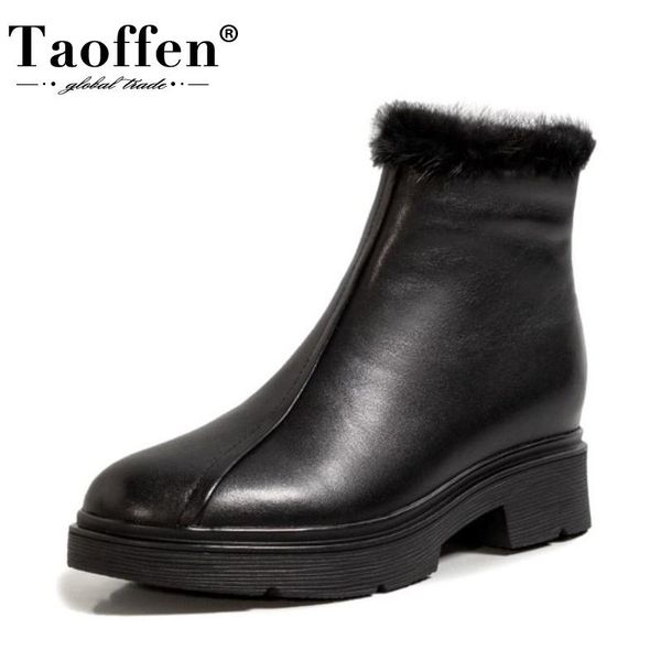 

taoffen real leather women ankle boots warm fur fashion platform winter shoes woman plush short boot lady footwear size 34-39, Black