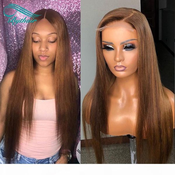 

bythair silky straight lace front wig brown colored human hair full lace wigs for black women pre plucked natural hairline u part wig, Black;brown