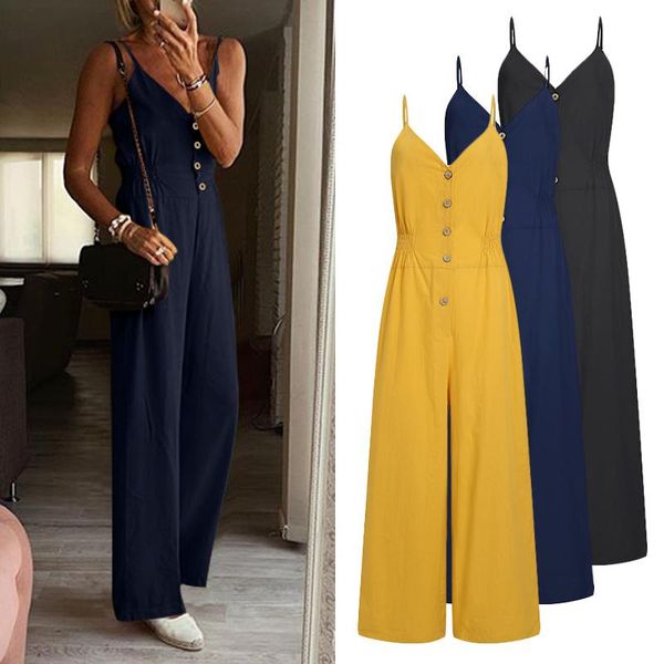 

elegant rompers celmia 2020 summer sleeveless jumpsuits women's straps wide leg playsuits casual solid v-neck overall 5xl 7, Black;white